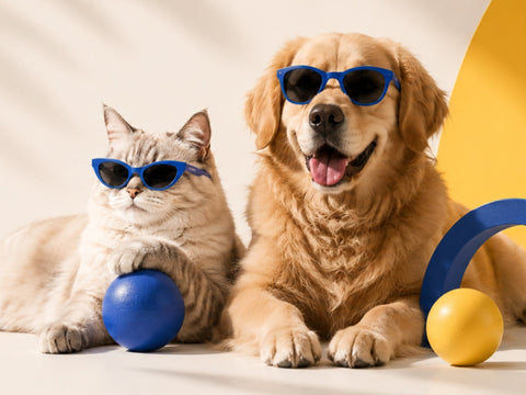 Cat and golden retriever wearing blue sunglasses beside summer play balls