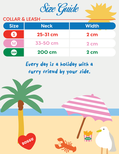 Doggu Bonjour Bébé collar and leash size guide, S/M neck measurements and leash length