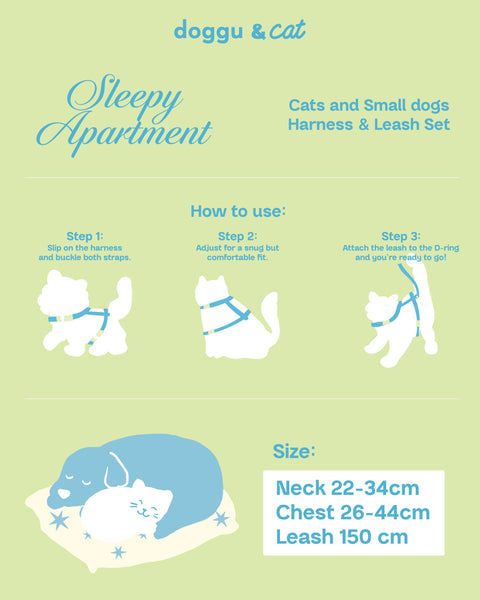 Doggu Sleepy Apartment Harness & Leash Set size chart and how-to-use guide