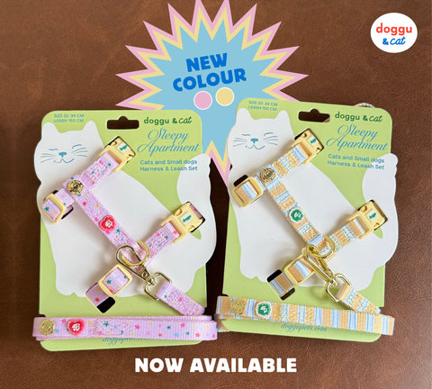 Doggu Sleepy Apartment Harness & Leash Set - new colour Lemon Pie and Violet Star side by side